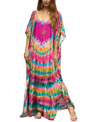 IMAGEKOPE Women's Plus Size Moroccan Print V-Neck Batwing Kaftan Loose Fit Beach Dress Bathing Suit Cover Up