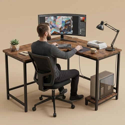 Image of L Shaped Computer Desk for Home Office | Multi-Purpose Study Table & Gaming | Engineered Wood Corner Workstation for Laptop & PC | Space Saving Desk | Rustic Brown | 130X50X75cm