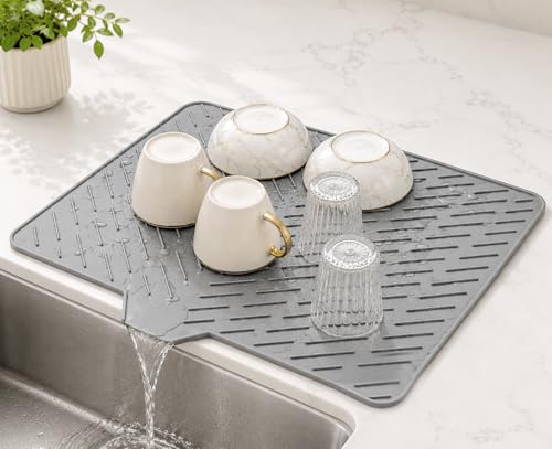 Image of Homeze Large Kitchen Silicone Drying Mat 60x45 cm - Built-in Drain Lip Organizer Tray for Utensils, Heat Resistant Trivet, Protects Countertops, Prevents Water Accumulation, Easy to Clean (Grey)