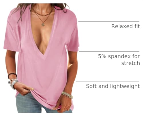 Image of UNCLECAT Womens Deep V Neck T Shirts Summer Oversized Short Sleeve Tops | V Neck, Sexy, Solid, Loose Fit, Casual, Trendy, Going Out, Daily Wear, Workout