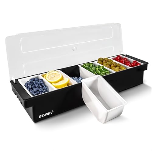 Ozwen 6-Compartment Detachable Topping & Garnish Station Plastic Pizza Ingredient & Food Condiment Dispenser Ice-Chilled Seasoning Tray for Serving Bartending & Salad Prep for Home & Restaurant