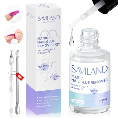 Saviland Kit de dissolvant de colle à ongles : huile de ricin, vitamine E, dissolvant de colle à ongles pour colle sur les ongles, repousse-cuticules, pour...
