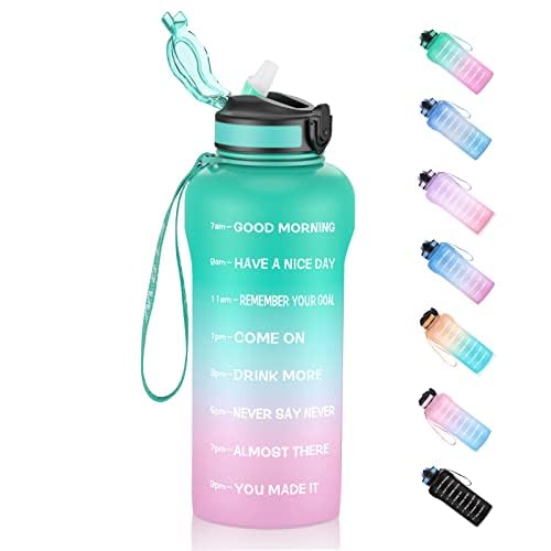 ETDW Trinkflaschen 2 Liter mit Strohhalm [BPA-frei Tritan], 2L Wasserflasche mit Zeitmarkierung, Auslaufsichere Sportwasserflaschen mit Klappdeckel für Fitness Gym Yoga Reisen GRÜN LILA
