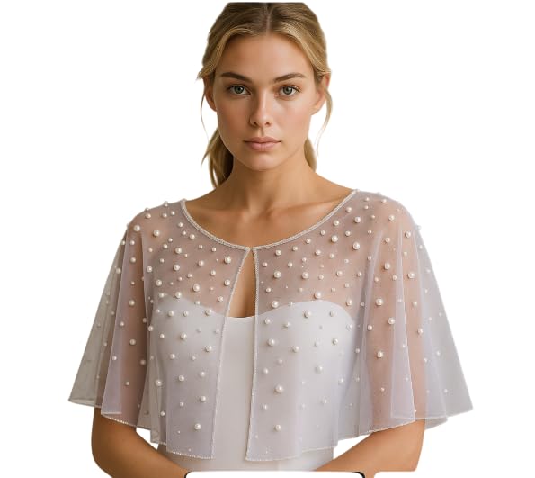 Bridal Pearl Beaded Cape Shawl, Sheer Mesh Wedding Wrap, White