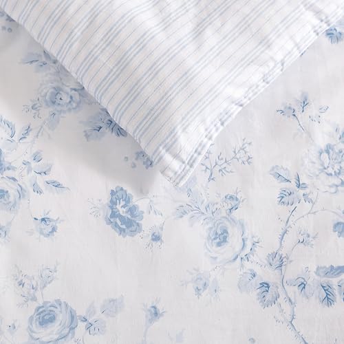Image of Laura Ashley - Queen Comforter Set, 100% Cotton Bedding, Medium Weight for Year-Round Comfort, Reversible Floral Design, Includes Comforter and Shams, Belinda Blue