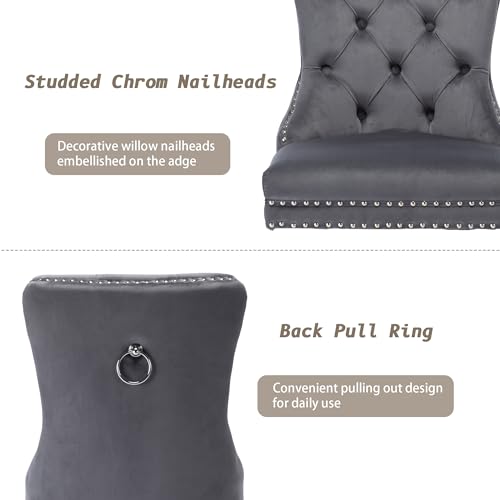 KCC Velvet Dining Chairs Set of 2, Upholstered High-end Tufted Dining Room Chair with Nailhead Back Ring Pull Trim Solid Wood Legs, Nikki Collection Modern Style for Kitchen, Grey