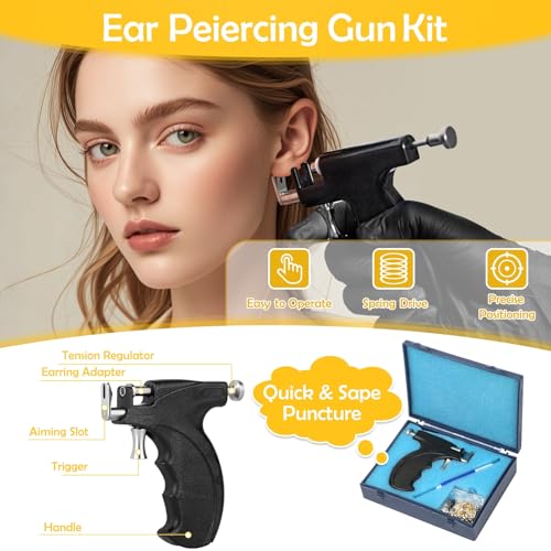 Professional Ear Piercing Gun, Reusable Ear Piercing Machine with Stainless Steel Piercing Studs, Colorful Crystal Earrings Set for At Home Salon Earlobe Cartilage Helix Tragus Piercing Tool Kit