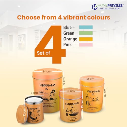 Image of inchChromaJars inch Stainless steel Stylish Coloured printed storage containers set of 4 for Home & Kitchen 500Ml, 900ML,1750 Ml & 2900 Ml (ORANGE)