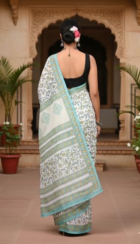 Image of Mulmul Cotton Saree for Women with Blouse Piece | Ajark Sarees | Hand Block Prints Sari | Bagru Print | Soft Mul Cotton Sadi