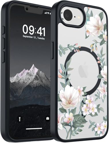 Image of VONZEE Compatible with iPhone 17e / iPhone 16e /SE4 Case, Luxury Retro Flowers Floral Clear for Magnetic Wireless Charging Case PC+TPU Cute Glossy Shiny Cover for Girls Women, Black