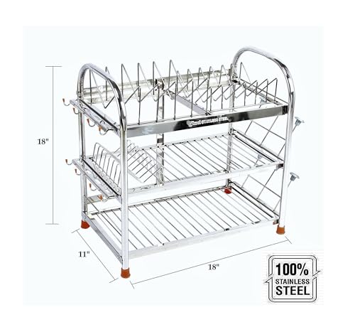 Image of AMOL Premium Stainless Steel 3-Tier Dish Rack | Kitchen Rack for Utensils, Plates & Glasses | Wall Mount & Countertop | Rust-Proof Kitchen Stand | Size- 18x18x11 inches (RW21-18x18x11)