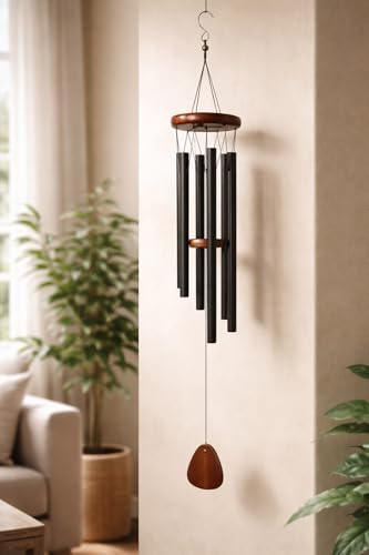 Image of Black Metal Wind Chime with Wooden Finish | Soothing Sound Hanging Wind Chimes for Home, Balcony, Garden & Patio