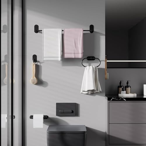 Image of Oslen Premium Black Self Adhesive Towel Ring Holder - No Drill Bathroom Hand Towel Hanger, Heavy Duty Stainless Steel Wall Mount for Kitchen, Wash Basin & Bathroom