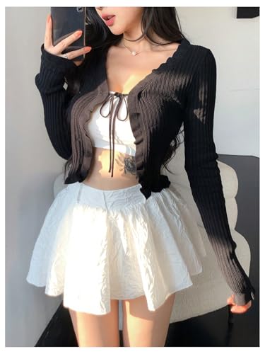 GORGLITTER Women's Tie Front Cropped Cardigans Ruffle Long Sleeve V Neck Cute Coquette Sweater2
