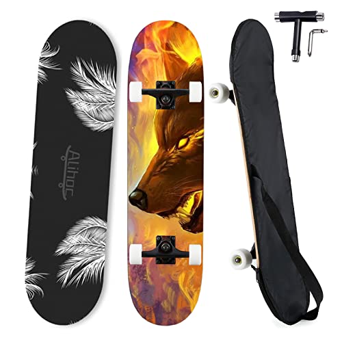 Monopatín estándar de 31 Pulgadas, 7 Capas de Superficie de Tablero de Arce, Apto para niños, Adolescentes, Adultos, Principiantes y Profesionales, con una Carga máxima de 150 kg-Fire Wolf Head