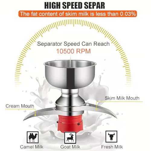 Espumador de leche eléctrico de acero inoxidable, 10500 RPM de alta velocidad para un descremado eficiente de leche de cabra y vaca, 50 L/h de salida con recipiente de 5 L.