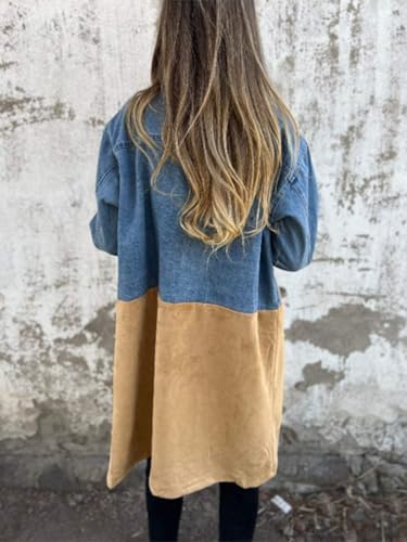 chouyatou Women's Notched Lapel Double Breasted Denim Spliced Faux Suede Leather Long Trench Coat Jacket Outerwear3