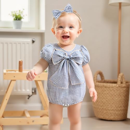Newborn Baby Girl Summer Outfits Applique Plaid Romper T-shirt Short Sleeve Ruffle Bubble Bodysuit Infant Clothes2