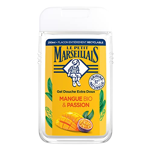 Le Petit Marseillais | Gel Douche Extra Doux Mangue Bio & Passion (flacon de 250 ml) – 92 % d'ingrédients d'origine naturelle – pH neutre pour la peau et sans colorant