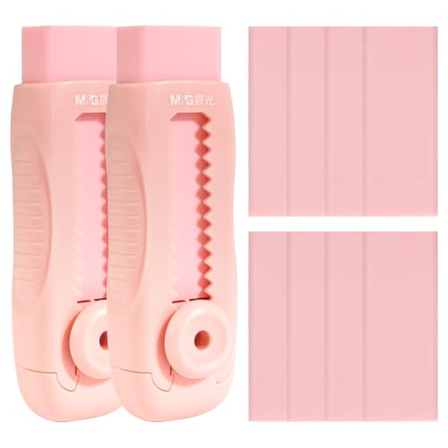 Image of M&G 8+2 Pack Rubber Erasers Sliding Retractable Eraser, Soft Cute Erasers Push Pull Large Pencil Eraser with Plastic Sleeve 8 Refill Eraser for Students Kids, School Office Home Supplies (Pink)