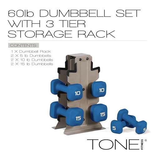 Image of Tone Fitness Neoprene Dumbbell Set with Storage Rack - Non-Slip, Anti-Roll Hand Weights for Home Gym Workouts | 20 lb, 32 lb, 50 lb, 60 lb & 100 lb Options