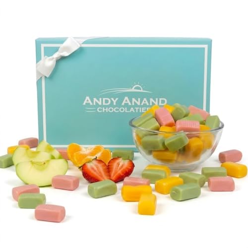 ANDY ANAND CHOCOLATIER Sugar Free & Gluten Free Fruit Taffy Toffees - Trio of Strawberry, Orange & Lemon Flavors, Made in Europe, Individually Wrapped Delicious Assorted Flavored Candies (35 Pcs, 7 Oz)