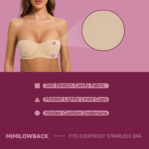 Women's Strapless Bra-Lightly Lined Non Slip Invisible Balconette Underwire Support Multiway Bandeau Bra for Comfort Lift3