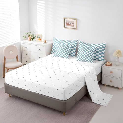 Image of Erosebridal White Blue Checkered Boys Twin Comforter Set with Sheets 7 Piece Buffalo Plaid Grid Kids Bedding Set with Sheets Teen Men Checkerboard Bed in A Bag Aesthetics Gingham Bed Set