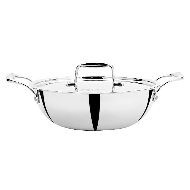 DONIV Titanium Triply Stainless Steel Kadai with Cover 30 cm, 4.5 Litre Capacity