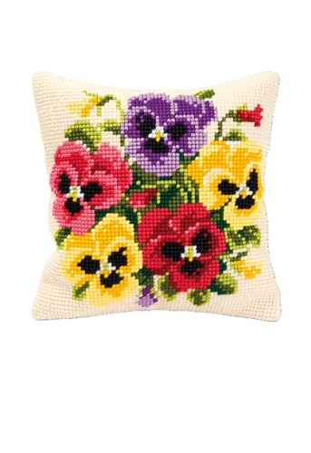 Image of Vervaco Cross Stitch Cushion kit Pansy Posy, 100% Cotton