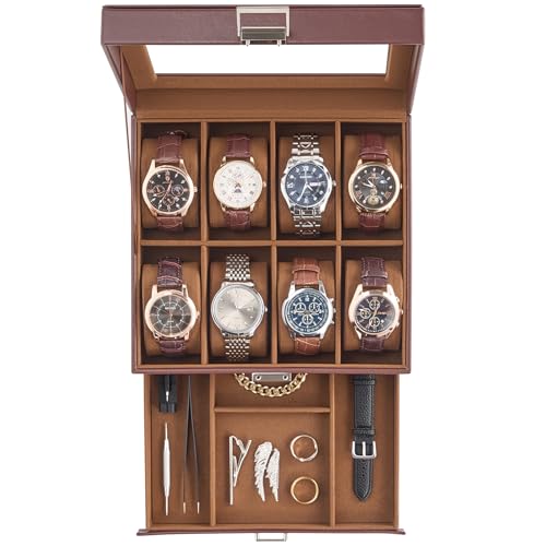 ProCase 腕時計ケース 8本 PU製 2段式 ウオッチボックス 男女兼用 収納ボックス アクセサリーケース アクセサリー 収納 ディスプレイ 小物整理 誕生日 記念日プレゼント -エスプレッソ