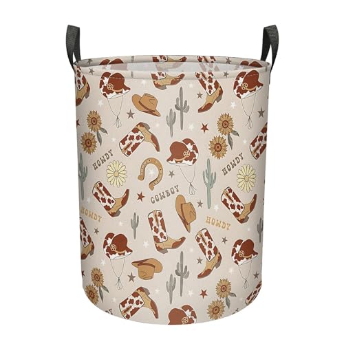 Image of ZNIENIE Western Cowboy Cactus Laundry Basket for Boy, Large Canvas Collapsible Organizer Storage Laundry Hamper Basket for Nursery,Office,Toy Organizer,Home,Decor - 19.7" X 15.7 "