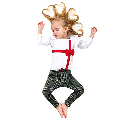 Christmas Baby Girls Boys Party Costume Outfit, Toddler Kids Santa Gift Long Sleeve Tee Shirt Tops Cotton Plaid Pants (White, 3-4 Years)