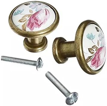 2PCS 32mm Drawer Knobs Kitchen DIY Vintage Flower Handles Pull Drawer Knobs Ceramic Bronze Cabinet Door Pull Knobs Set with Screw