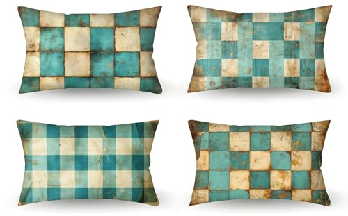 Cojines Sofa cuadrícula Cojines Exterior Juego de 4 Funda Cojin 60x90 Terciopelo Funda de Almohada Rectangular, Turquesa Cojin Impermeable, Sofa Jardin Exterior, Decoracion Jardin, m-163