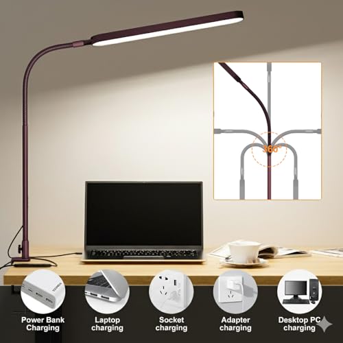 Image of SKYLEO LED Desk Lamp - Desk Light for Home Office - Flexible Gooseneck - 5 Color Modes X 11 Brightness Levels - 1300LM - Timmer & Memory Function - 12W Clip on Light - Red