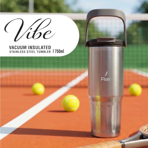 Image of FLAIR Vibe Vacuum Insulated Tumbler 750 ml Stellar Grey | 2-in-1 Lid (Straw & Sip) | 304 Stainless Steel | Leak-Proof Travel Mug with Handle | Hot & Cold | BPA-Free