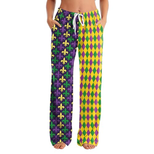 Kasopp Women Mardi Gras Print Pajama Pants Wide Leg Lounge PJ Bottoms with Pockets & Drawstring