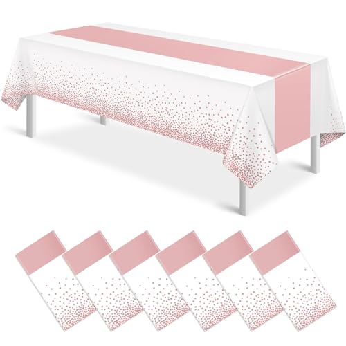 Image of 6Pcs White and Rose Gold Tablecloth Party Decorations,Plastic White Table Cloth Printed Rose Gold Table Runner Disposable Rectangle Table Cover for Birthday Anniversary Wedding Grad Party,54 x108 Inch