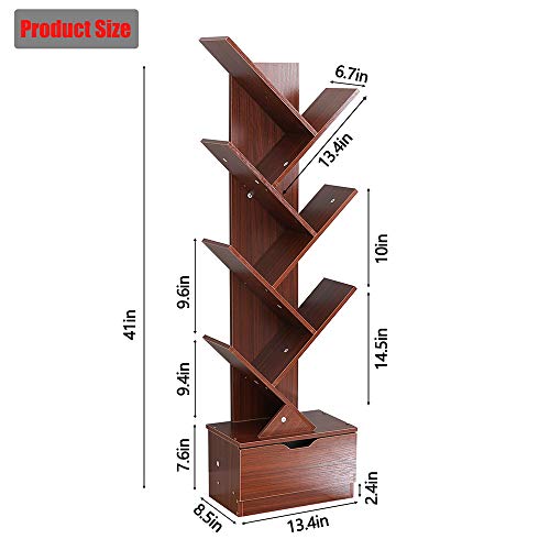 Genenic Tree Bookshelf with Drawers,8-Tier Floor Standing Bookcase,with Wooden Storage Rack Display Shelves Cabinet in Living Room/Home/Office for Books/CDs/Movies/Files (Teak Pattern, 8 Tier) - Thumbnail 3