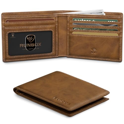 Image of RUNBOX Wallet for Men Slim Leather Bifold RFID Blocking Minimalist Front Pocket Design with Gift Box | Minimalist Front Pocket Design, Holds 8 Cards, RFID Protection, Gifts for Men on Birthdays, Father's Day, and Christmas