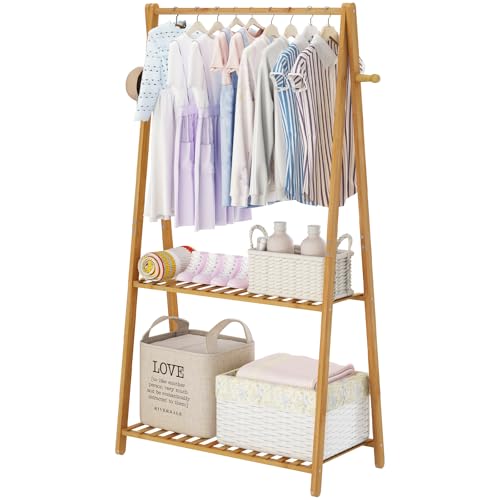 Image of COOGOU Kids Clothing Rack for Hanging Clothes Portable Clothes Rack Wooden Drying Rack Clothing Standing Bamboo Garment Rack with Shelves Laundry Rack for Drying Clothes Indoor