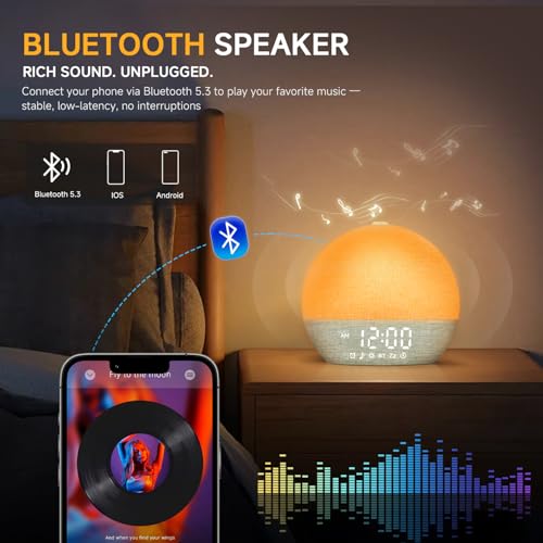 Image of Geuuap Sunrise Alarm Clock White Noise Machine with Bluetooth Speaker,Green | 30 Soothing Sounds, 17 Dimmable lights, Simulated Sunrise, Backup Battery Memory, Auto-off Sleep Timer, Screen-Free Design