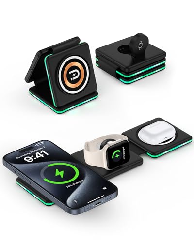Foldable Wireless Charger 3-in-1, Magnetic Wireless Charger Pad for Apple Multiple Devices, 15W Travel Charging Station for iPhone 15 Pro Max 14 13 12 11, iWatch Series Ultra 9 8 7 6 5 4 3 Se, AirPods