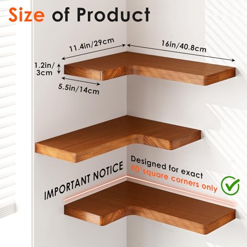Fixwal Corner Floating Shelves for Wall Mounted Natural Solid Wood 16"x11.4" Farmhouse Home Decor Display Shelving Set of 3 (Rustic Brown) - Image 3