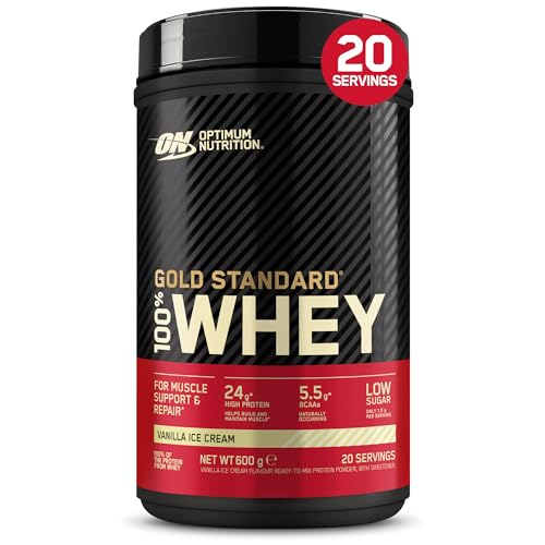 Optimum Nutrition Gold Standard 100% Whey, Proteína en Polvo para Recuperacíon y Desarrollo Muscular con Glutamina Natural y Aminoácidos BCAA, Sabor Helado de Vainilla, 20 Dosis, 600g