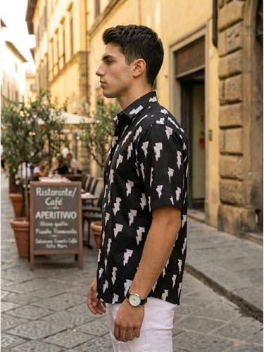 Image of BROWN CULTURE Men's Cotton Blend Printed Shirt with Spread Collared Neck Half Sleeves Oversized Straight Hem Length and Button Down Closure | Formal Shirts for Men