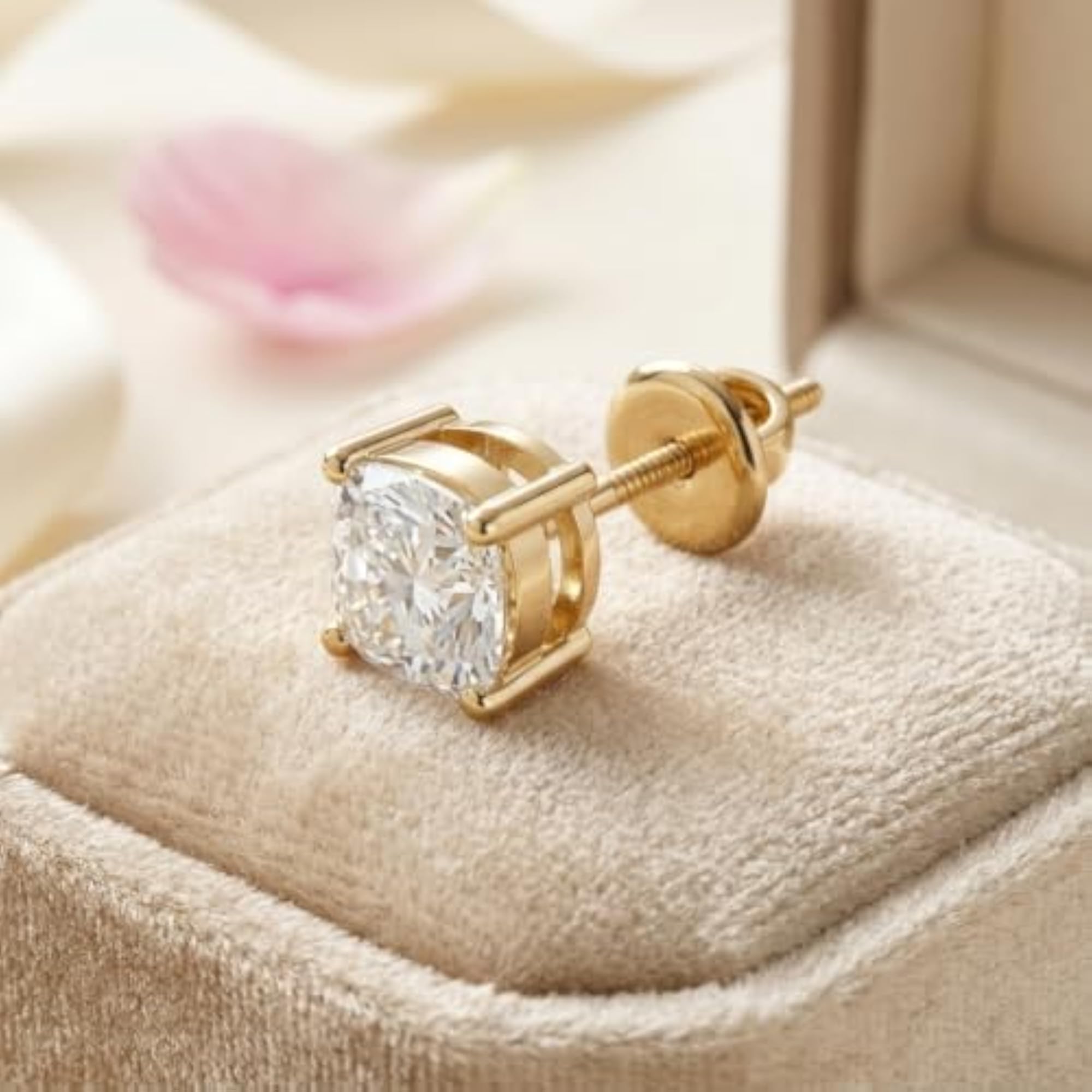 Men's Gold Plated 925 Silver Cushion Shaped AAA+ Gemstone Stud Earring