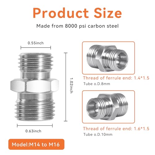 Image of 4 Pcs M14 to M16 Carbon Steel Fittings Adapters 115757 | Hydraulic Attachment Fittings, Converter for Mini Excavators Connector | Compatible with AGT, TPM, VICSEC, FFIndustries, Miva, Machpro