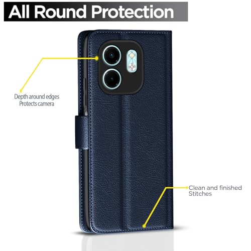 Image of Pikkme Flip Cover Leather Finish | Inside TPU with Card Pockets | Wallet Stand and Shock Proof | Complete Protection Button Flip Case for Infinix Smart 9 HD(Blue)